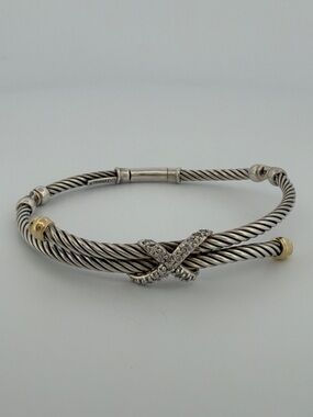 David Yurman Cable X Diamond Cuff Bracelet 925 750 18K Gold M 6.5